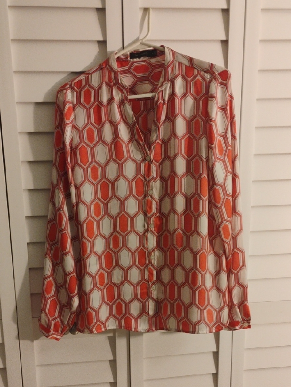 The Limited Orange and Cream Geometric Button-Down Blouse